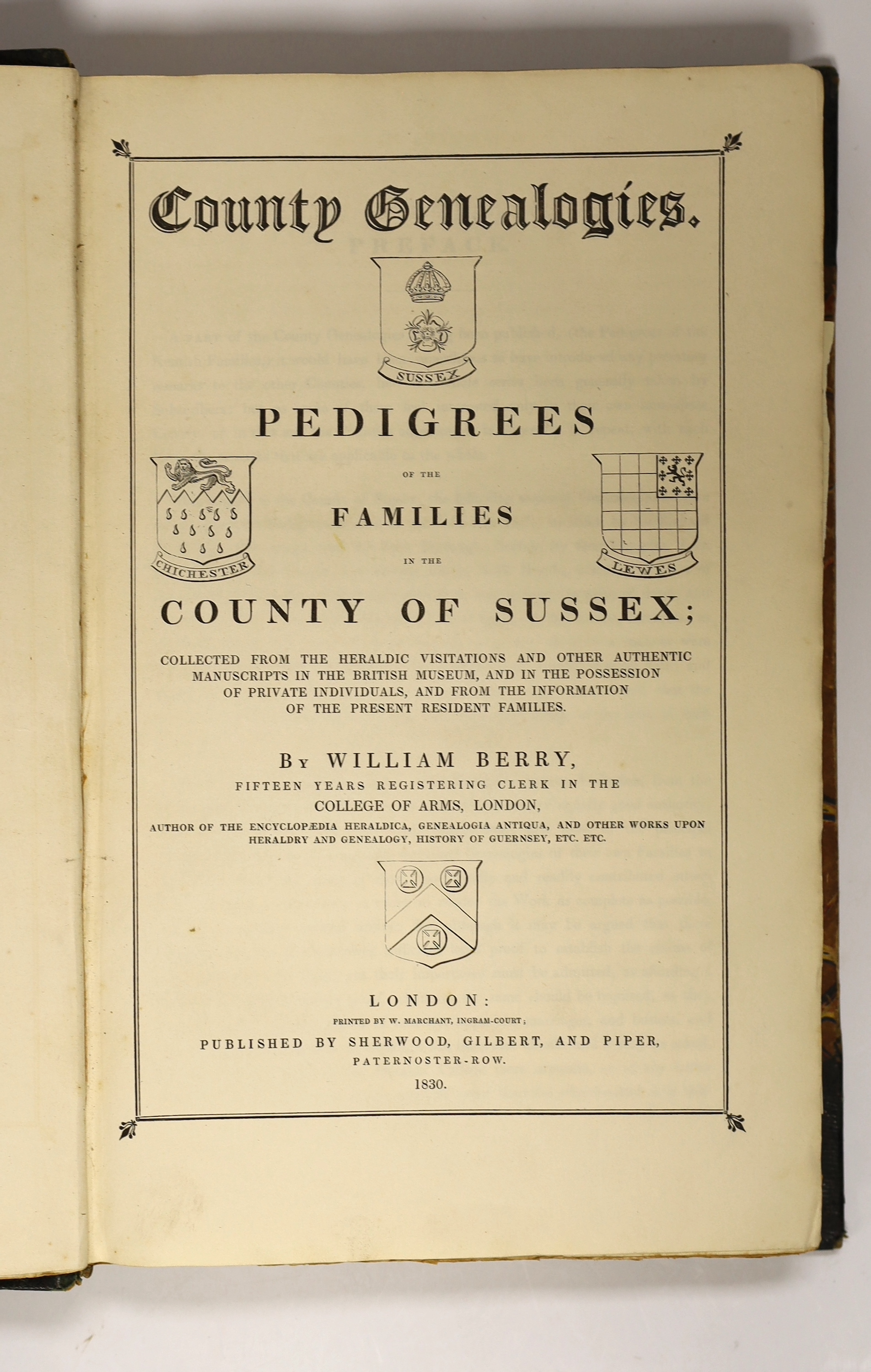 Berry, William - County Geneologies, Pedigrees of the Families in the County of Sussex, small folio, half green morocco, binding scuffed, Sherwood, Gilbert and Piper, London 1830, together with - Parish, W.D (editor) - D